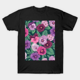 Colorful pansies on dark greenish blue T-Shirt